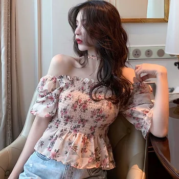 Vasaras Ziedu Drukāt Šifona Blūze Sievietēm Gadījuma Slash Kakla Krekls Top Korejas Modes Īsām Piedurknēm Blūzes