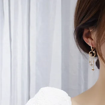 14k Nekustamā Zelta Modes Rotaslietas Crystal Star Ilgi Pušķis Izsmalcinātu Spīdīgi Auskari Sievieti Brīvdienu Puse Elegantā Auskars