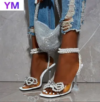 Skaidrs, PVC Caurspīdīga augstpapēžu Sandales Vasaras Modes Dizaina Pērlēm Potītes Siksniņu, Kvadrātveida Kājām Slīd Mūļu Sandales Zapatos Mujer