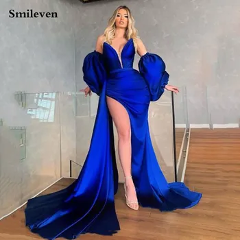 Smileven Royal Blue Puff Piedurknēm Oficiāla Vakara Kleita Sirēna Gara, Augsta Sānu Sadalīt Balles Kleitu Sexy Dubaija Slavenību Tērpi Ir 2021.